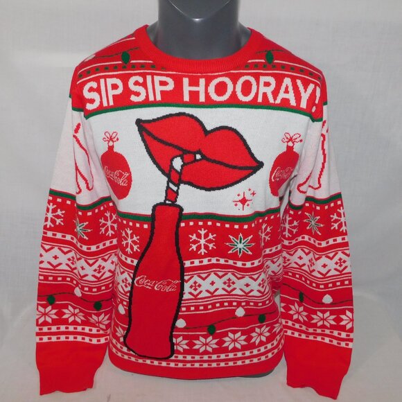 Coca Cola Red White SIP SIP HOORAY Fair Isle Knit Christmas Sweater Unisex M - Picture 1 of 10